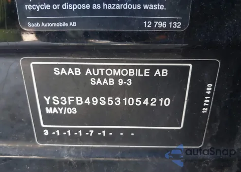 2003 Saab 9-3 Linear из США, поврежденный, VIN YS3FB49S531054210